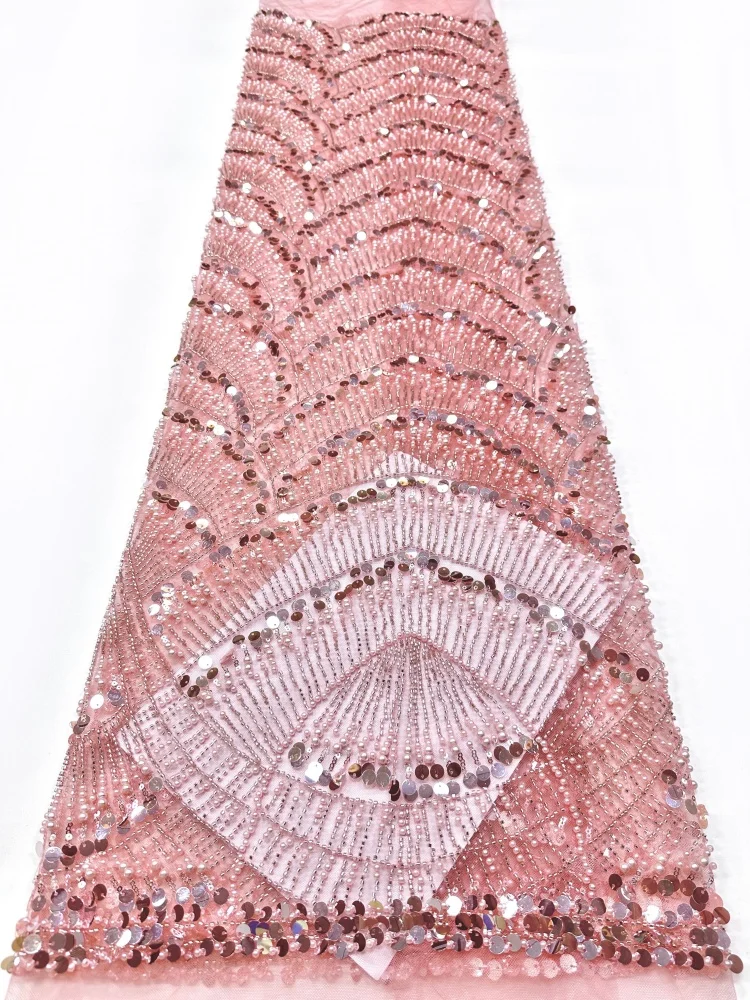 Fashion African Beaded Sequins Lace Fabric High Quality Nigerian Mesh Tulle Lace Fabric For Women Evening Dress Sewing