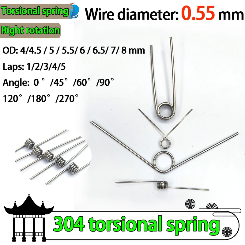 

Wire Diameter 0.55mm Right Torsion Spring Return and Reset V-shaped Spring Right Rotation Spring Laps1/2/3/4/5lap 304SUS 5PCS