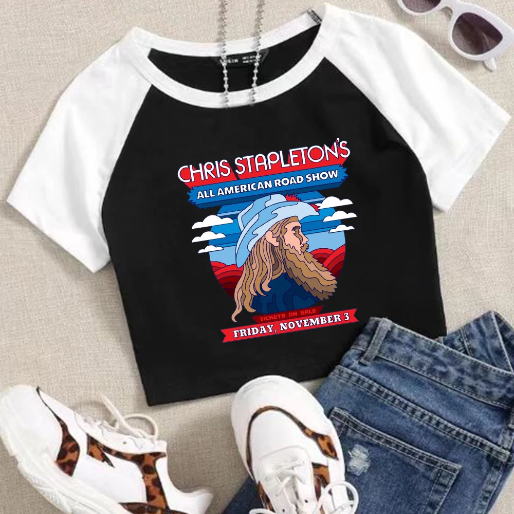 Chris Stapleton All American Road Show 2024 Crop Tops T-Shirt Girls Super-short Fans Gift Regular O-Neck Short Sleeves Fashion