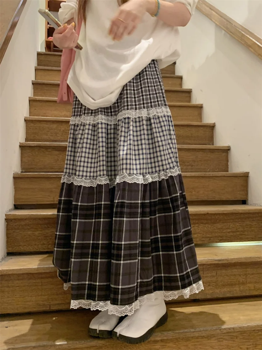 

Alien Kitty Chic Women Long Skirts Summer Vintage Loose 2026 Sweet OL Lace Slim Casual Plaid Daily Gentle Office Lady Camping
