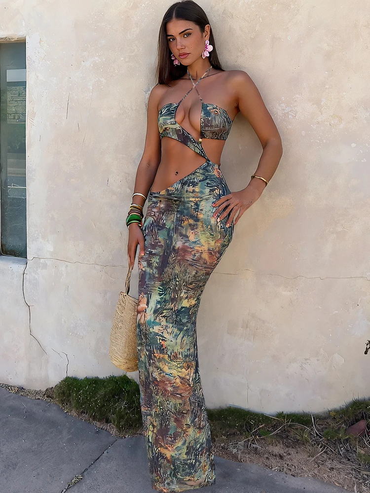 kliou Tie Dye Beads Women Dresses Fashion Halter Bandage Hollow Irregular Sexy Cleavage Backless Bodycon Y2K Party Vacation Robe