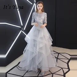 It's YiiYa Evening Dresses Gray Sequins Half Sleeve Tiered Hems Floor-length Fromal Plus size Party Gowns LX1398 robe de soiree