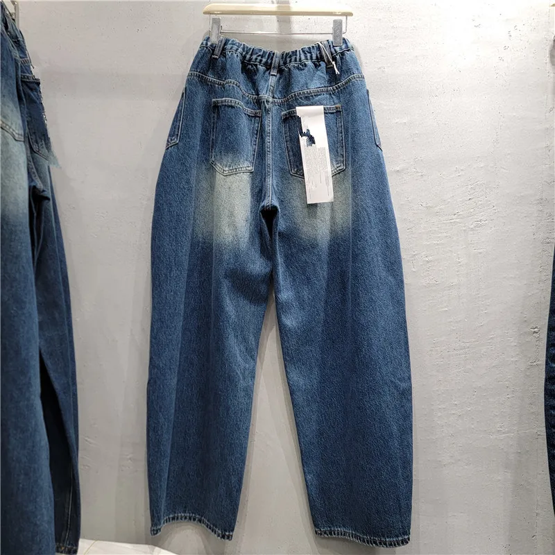 Hot Chick Personality Double Layered Elastic High Waist Loose Straight Jeans New Spring Autumn Wide Leg Casual Blue Denim Pants