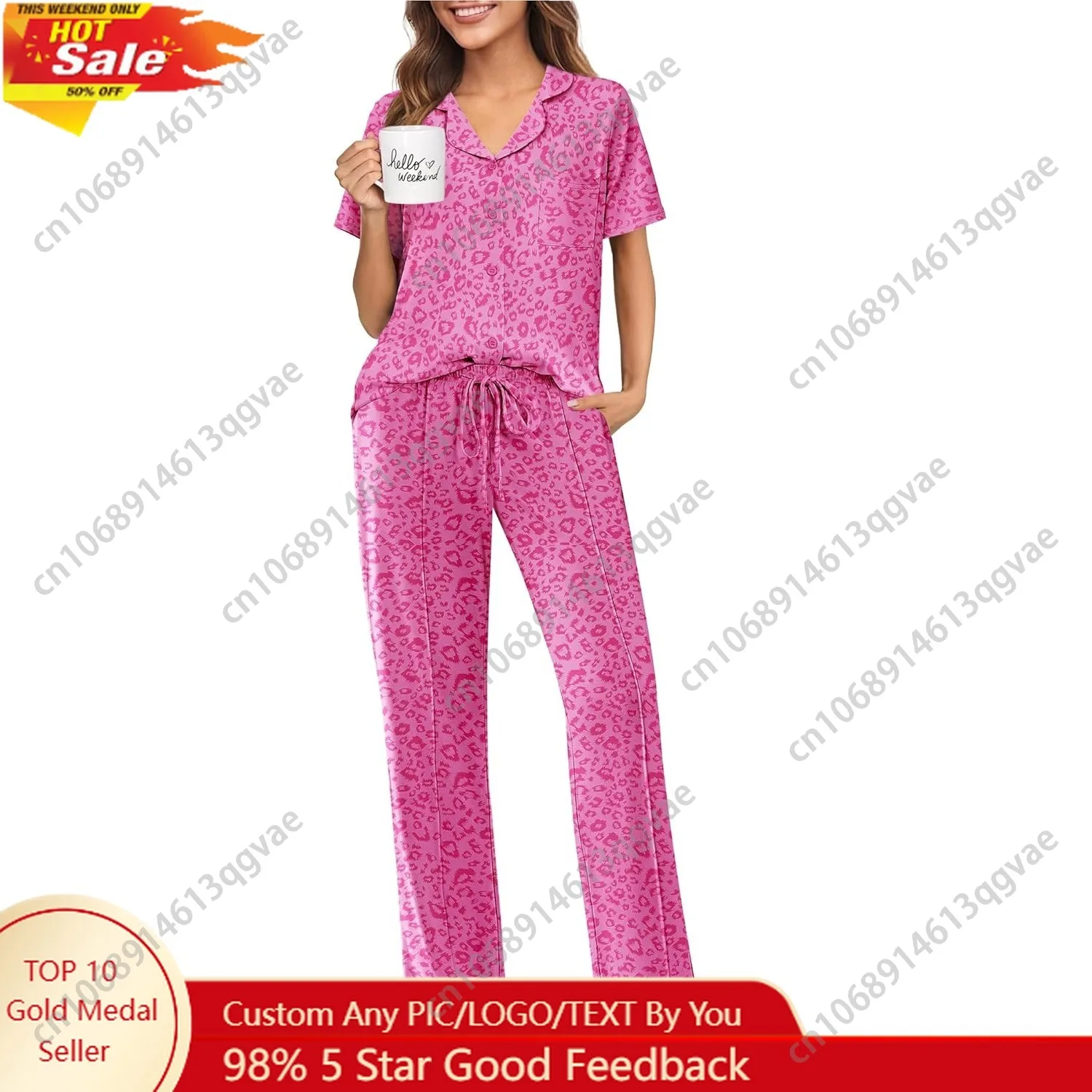 

Ekouaer Pajamas for Women Set Button Up Sleepswear 2 Piece Short Sleeve PJ Top and Long Pants Loungwear With Pocket S-XXL