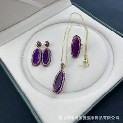 Purple Malay jade pottery clay inlaid three-piece set vintage original design jewelry Seiko inlaid jewelry wholesale