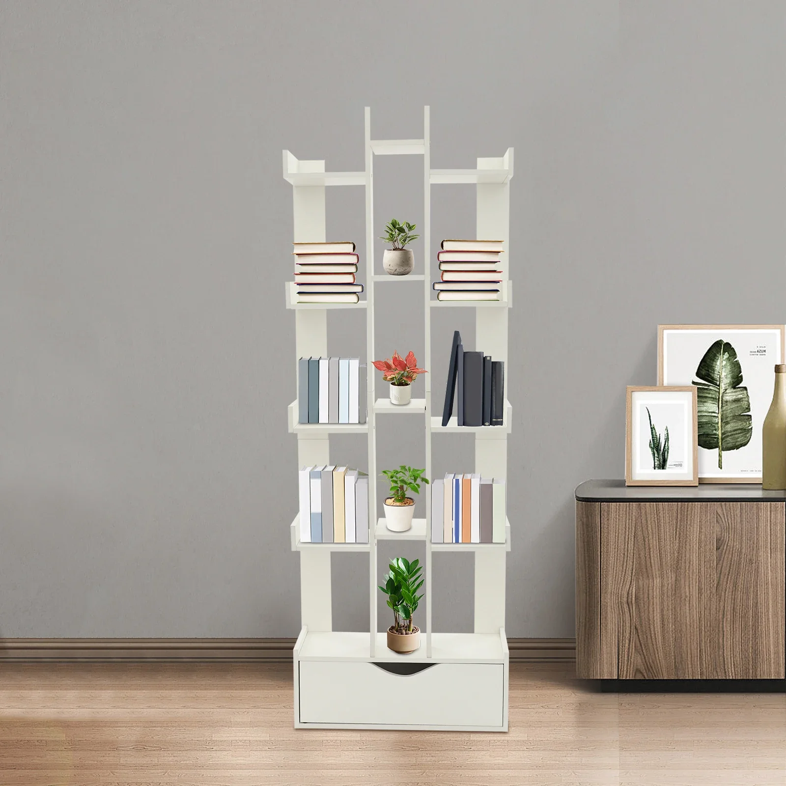 

(Warm White) Bookcase, Open-Shelf Bookshelf Floor Standing Storage Organizer Bookshelf, for Office Bedroom Library, 51*18*142 cm