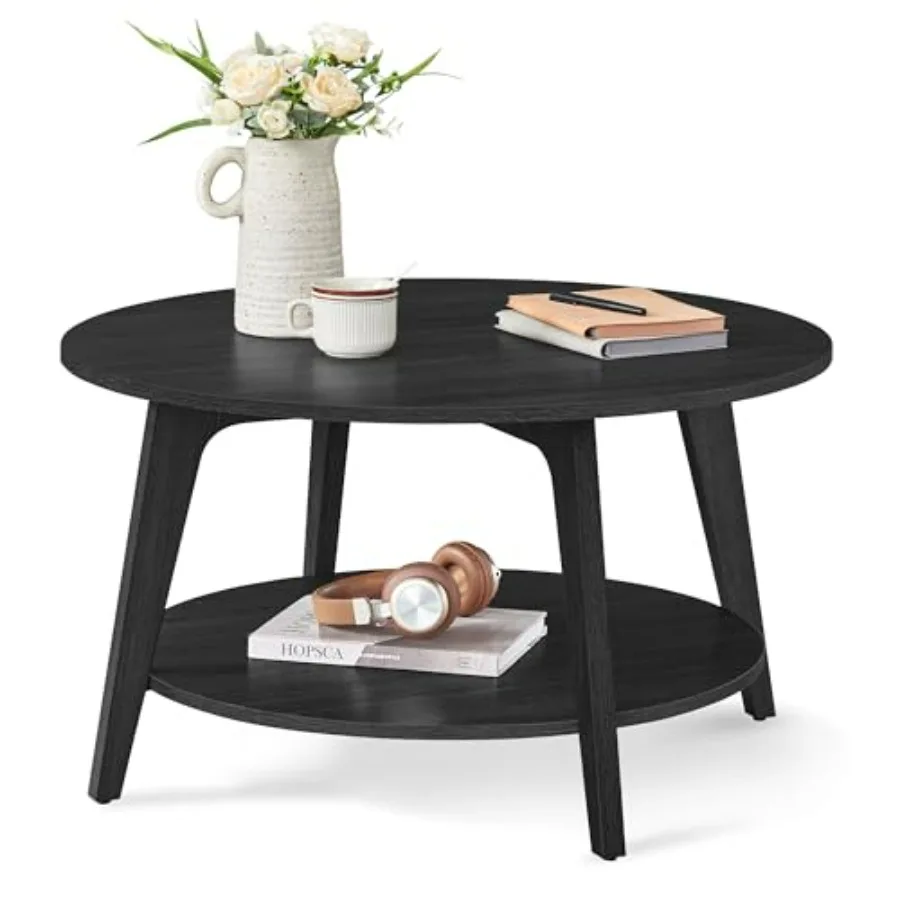 

MAEZO Collection Round Coffee Table 2-Tier Center Table with Storage Charcoal Gray Tapered Legs Curved Transitions 31.5 Dia x 1
