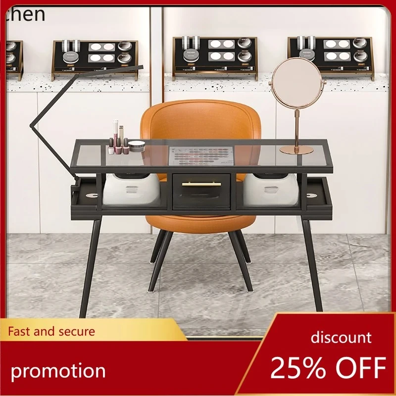 PYH Nail Table Embedded Vacuum Cleaner Manicure Table Chair Set Light Luxury Simple Glass Nail Salon Special