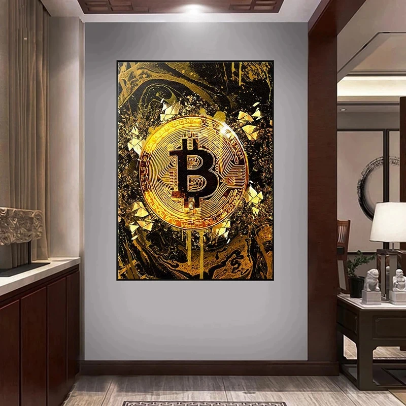 Golden Bitcoin Money Art Abstract Posters and Prints Wall Art Canvas Paintings Wall Pictures for Living Room Home Decor Cuadros