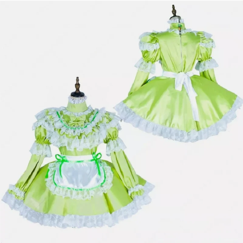 

Maid Girl Sissy Lockable Green satin long sleeve Dress cosplay costumes Tailored