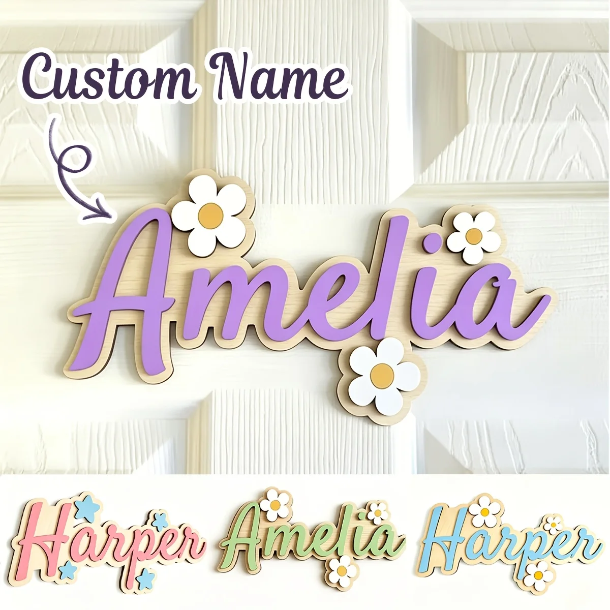 Custom Double Layer Wooden Name Sign Personalized Name Wall Hanging Decor Nursery Door Plaque Baby Birthday Gift for Girl