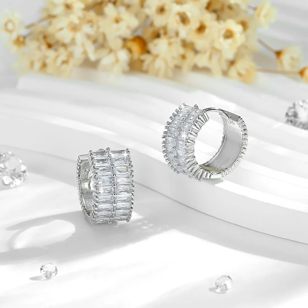 Double row diamond earrings with rectangular zircon earrings for women, fashionable and versatile design 14K jewelry image 4