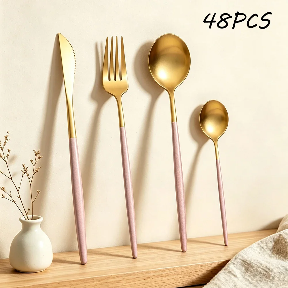 48Pcs Matte Pink Gold Tableware Sets Stainless Steel Cutlery Knife Tea Coffee Spoon Flatware Dinner Kitchen Dinnerware