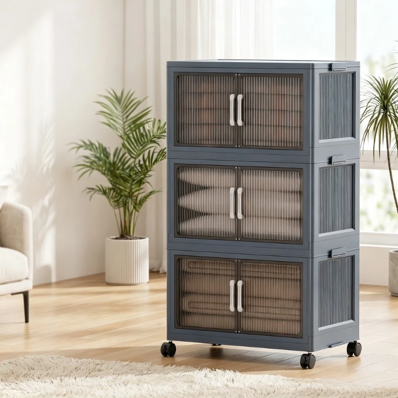 3‑Tier Foldable Plastic Storage Cabinet with Wheels, Stackable Dust‑Proof Storage Organizer with Flip‑Double‑Door, Portable Rolling Storage Bin for Bedroom, Closet, Living‑Room, Pantry