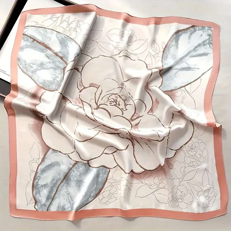 27.5 "زهرة طباعة وشاح مربع مقلد الحرير رقيقة السلس وشاح للرقبة أنيقة نمط واقية من الشمس رئيس التفاف للنساء #5