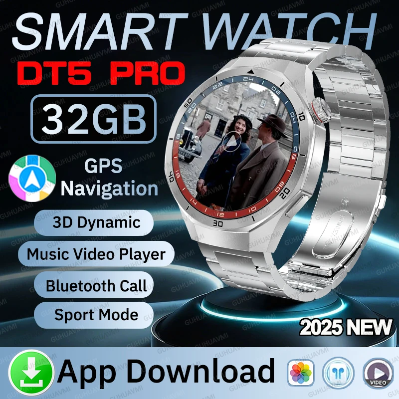 

Upgrade NEW GT5 Pro New 32GB Memory SmartWatch Men Video Play NFC GPS Navigation Clock AMOLED Sports HD Call Waterproof Bracelet