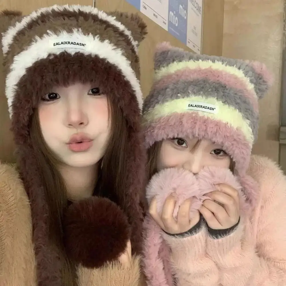 Cute Cat Ear Women Knitted Hat Thick Warm Contrast Stripe Winter Beanies Cap Windproof Ear Protection Pullover Hat