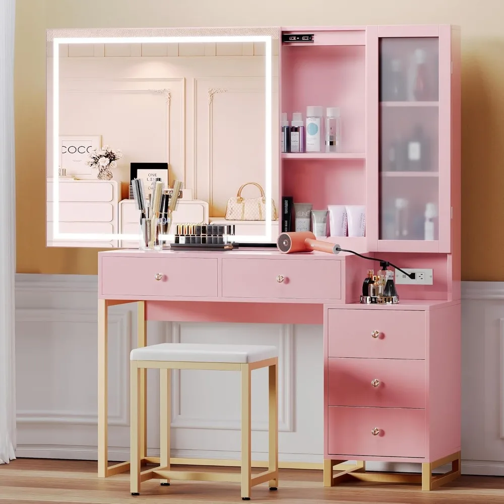 Coiffeuse avec miroir lumineux coulissant, coiffeuse pour filles avec miroir, tabouret et lampe, coiffeuse pour femmes