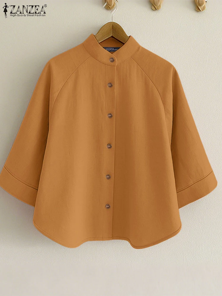 Camicie da donna ZANZEA 2025 Camicia da lavoro solida autunnale Elegante colletto alla coreana Camicetta con maniche a 3/4 Bottoni casual Up Blusas Mujer Top femminili