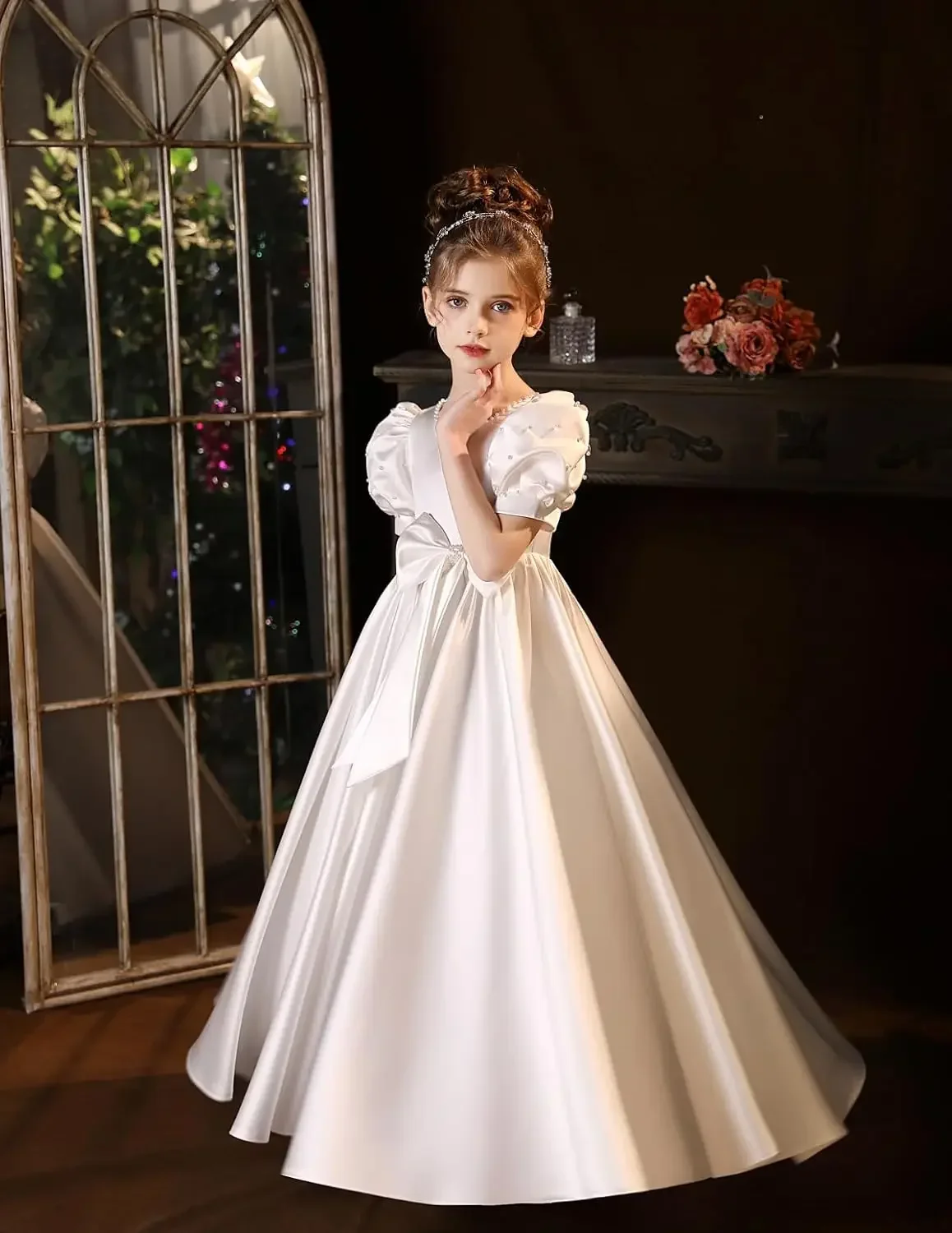 

Pearls Princess Pageant Dress with Bow-Knot Satin First Communion Dress Flower Girl Dresses for Wedding girls party dress