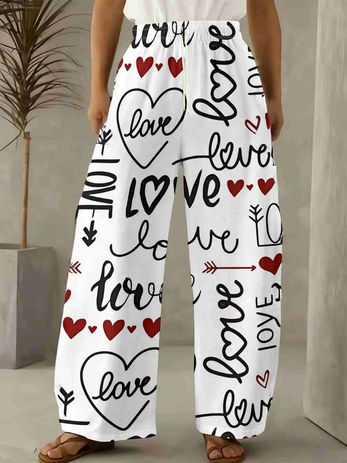 2026 New Style Women Pants Love Heart Letter Full Print Elastic Drawstring Waist Loose Casual Daily Holiday Trousers kids