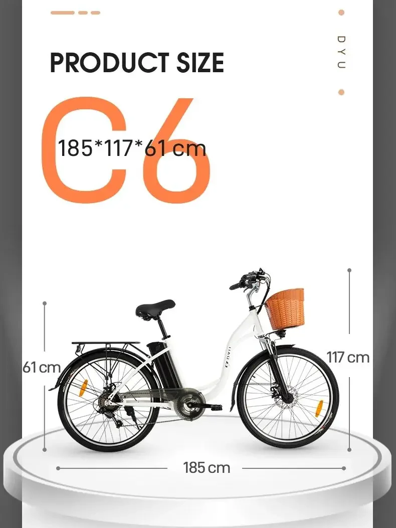 DYU C6 Elektrofahrrad 26 Zoll 250W 36V 12,5AH Abnehmbarer Lithium-Akku Klassisches Retro-Motorrad Urban Outdoor E-Bike mit Zusatzantrieb