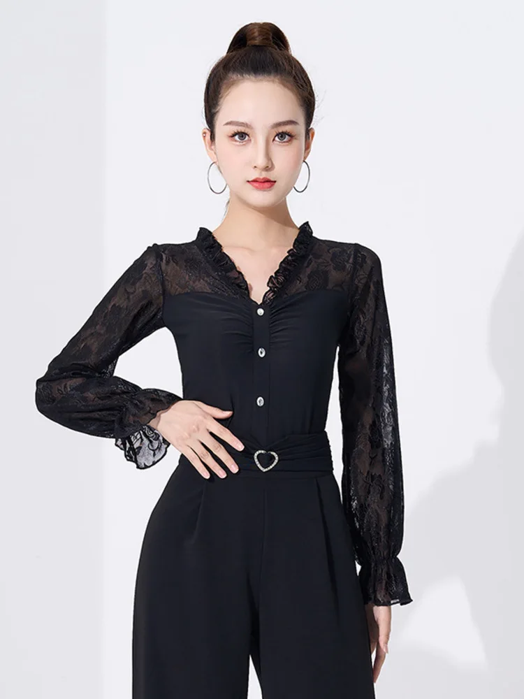 Solid Color Latin Dance Practice Long Sleeves Tops for Prom Line Costume Jazz Lace Patchwork Competition Classical Samba Rompers