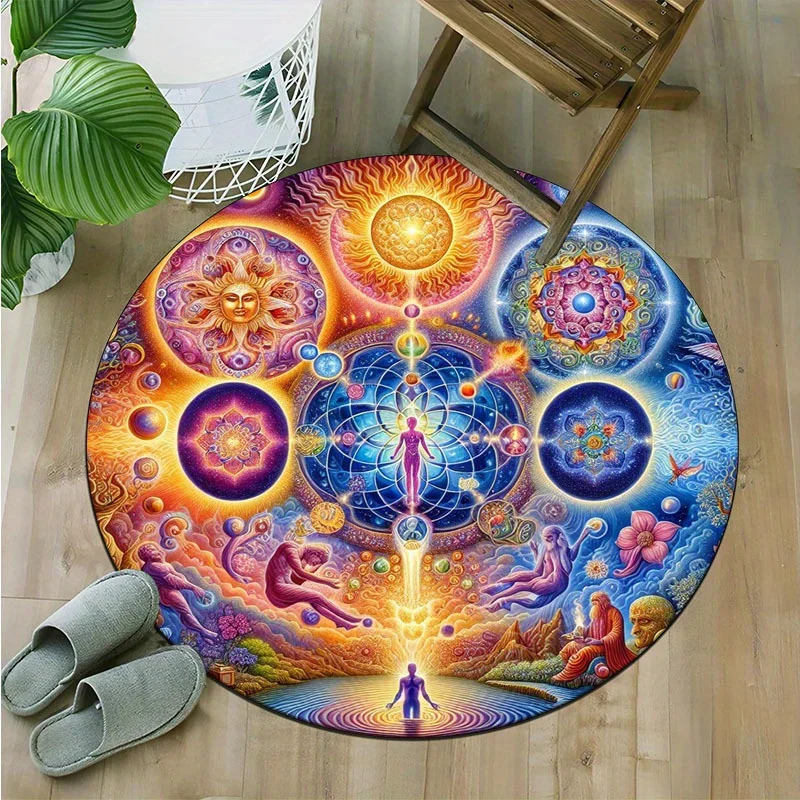 Spiritual Round Rug - Life Source Crystal Velvet Meditation Mat, Non-Slip Yoga & Home Decor