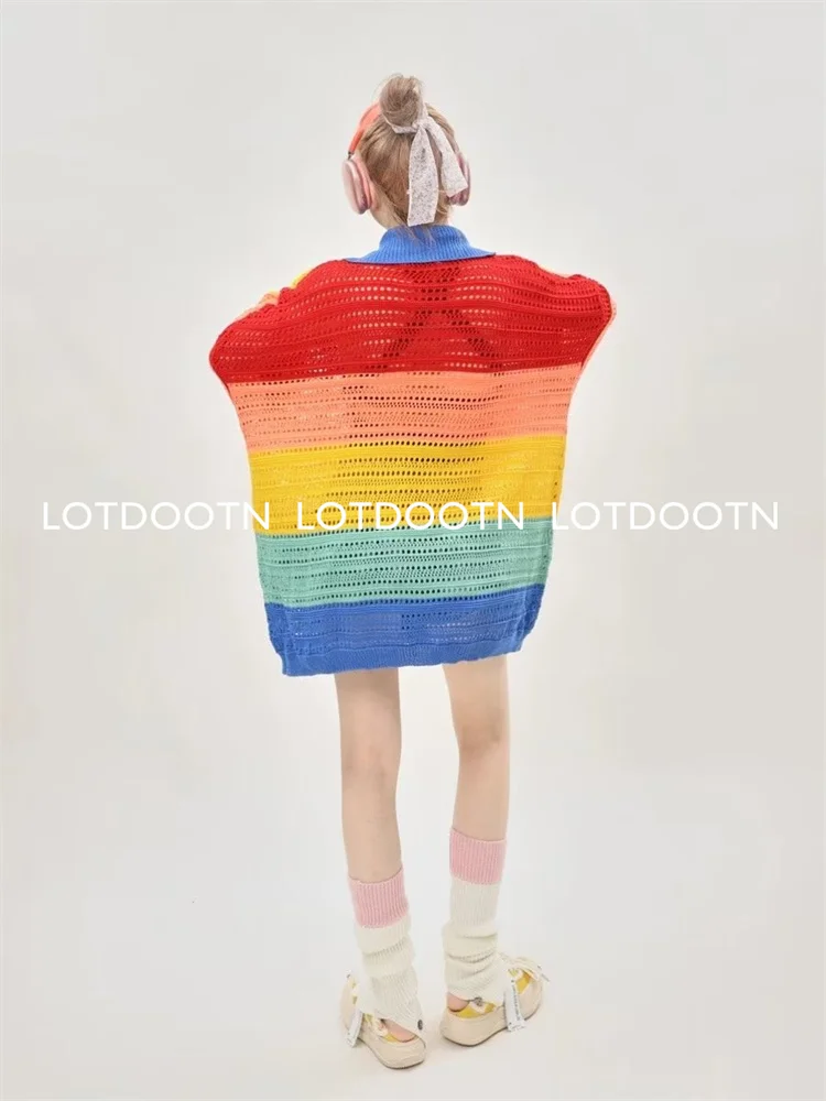 LOTDOOTN-Camisola de retalhos colorida casual feminina, cardigã, oco para fora, arrastão, solto, manga longa, furos Y2K, com zíper, outono