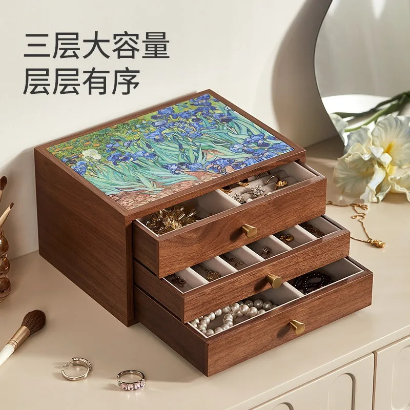 Wooden Jewelry Box with Oil Painting Artwork Delicate Premium Storage Case for Necklaces, Rings, Earrings, Elegant Organizer Box