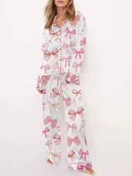 Women s Fall Loungewear Set Bow Print Long Sleeve Lapel Button Shirt with Pants Satin Sleepwear