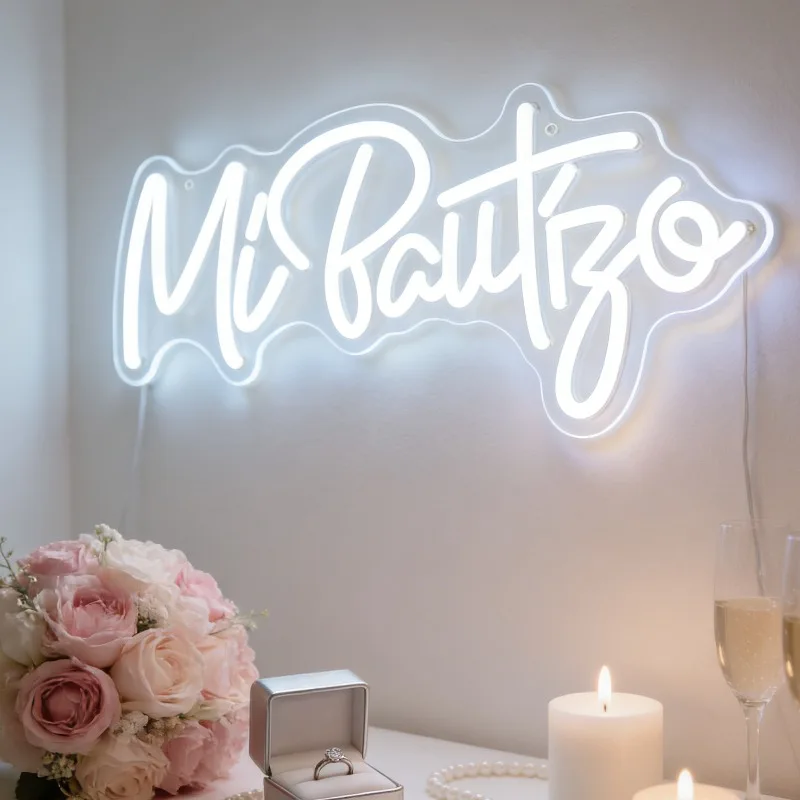 Mi Bautizo White LED Neon Sign Spanish Baptism Party Backdrop USB Powered Night Light Baby Shower Church Event Wall Decor