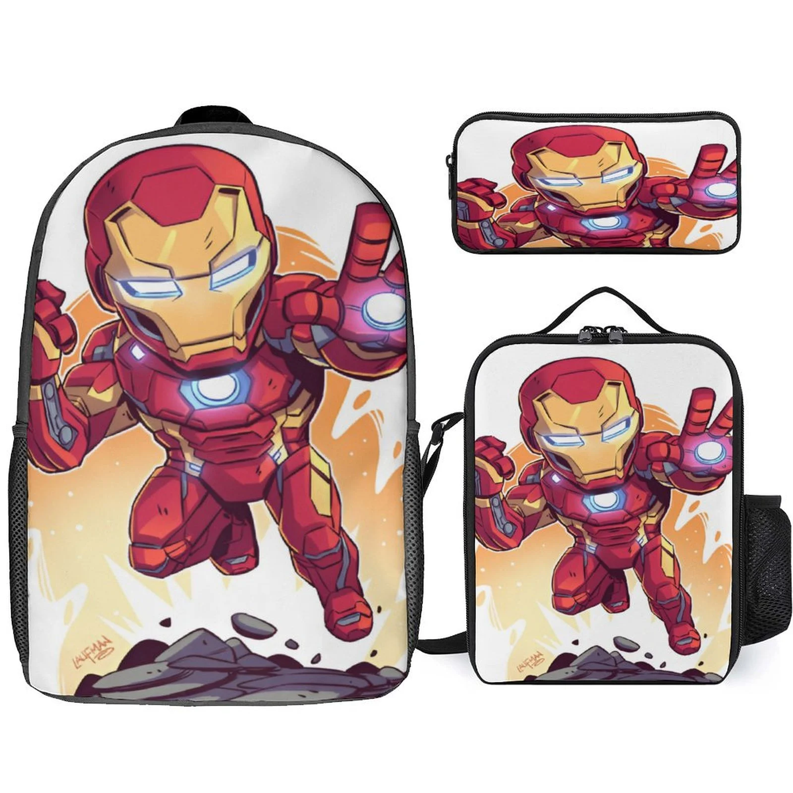 

Unisex Kid IronMan Fashion Backpack 3Pcs Set-Multifunction Rucksack and Reusable Lunch Box Pencil Case for Student