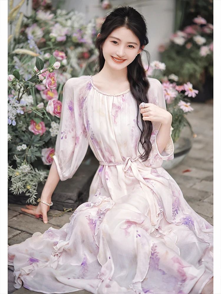 

Zhao Daxi ape Pink Glass eenhouse Dr Simple Commute Sle round Neline 00% Viscose Fiber New 2025 Summer Dr