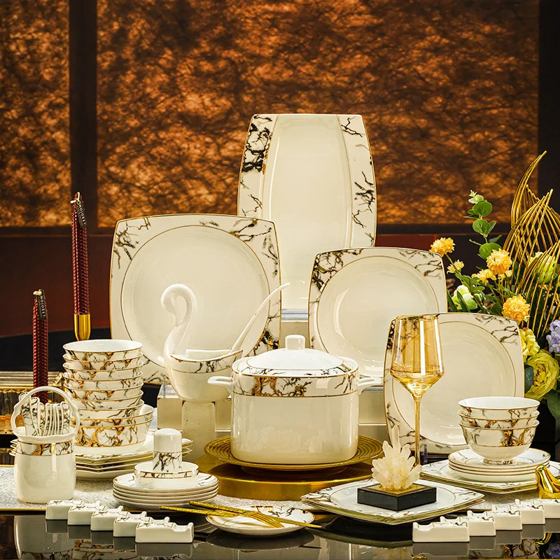 

Luxury Bone China Tableware Set Jingdezhen High-end Gift Box Bowl And Plate Set Home Use Light Luxury High-end European-style