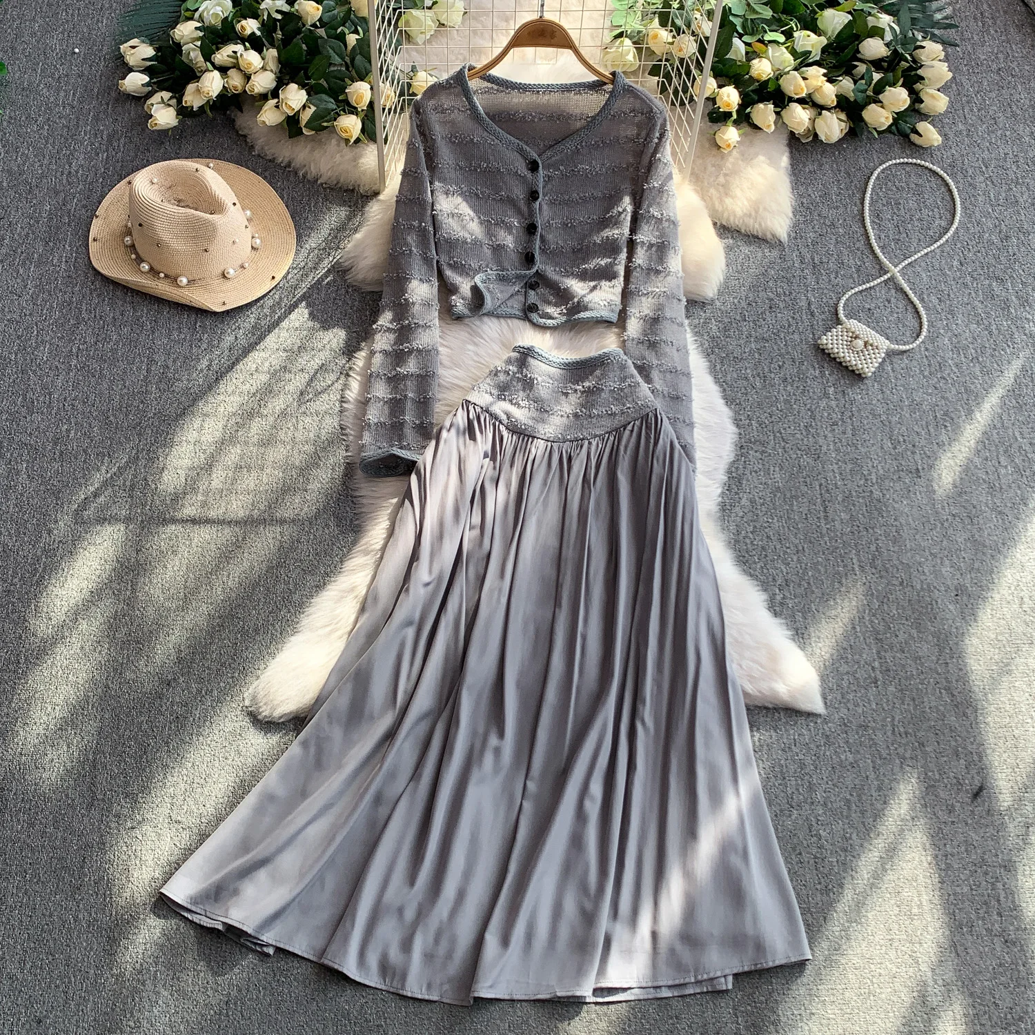 

Vintage Elegant long sleeve V-neck tassel button korean Fashion women clothing autumn dresses Two Piece Set