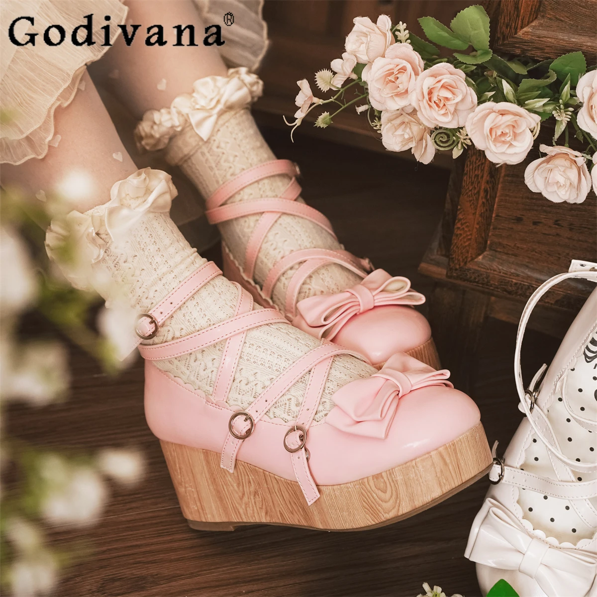 

Original Lolita Style Pink High Heels Autumn Woman's Sweet Cute Bow Elegant Platform Shoes Cute Girls Tea Party Mary Jane Shoes