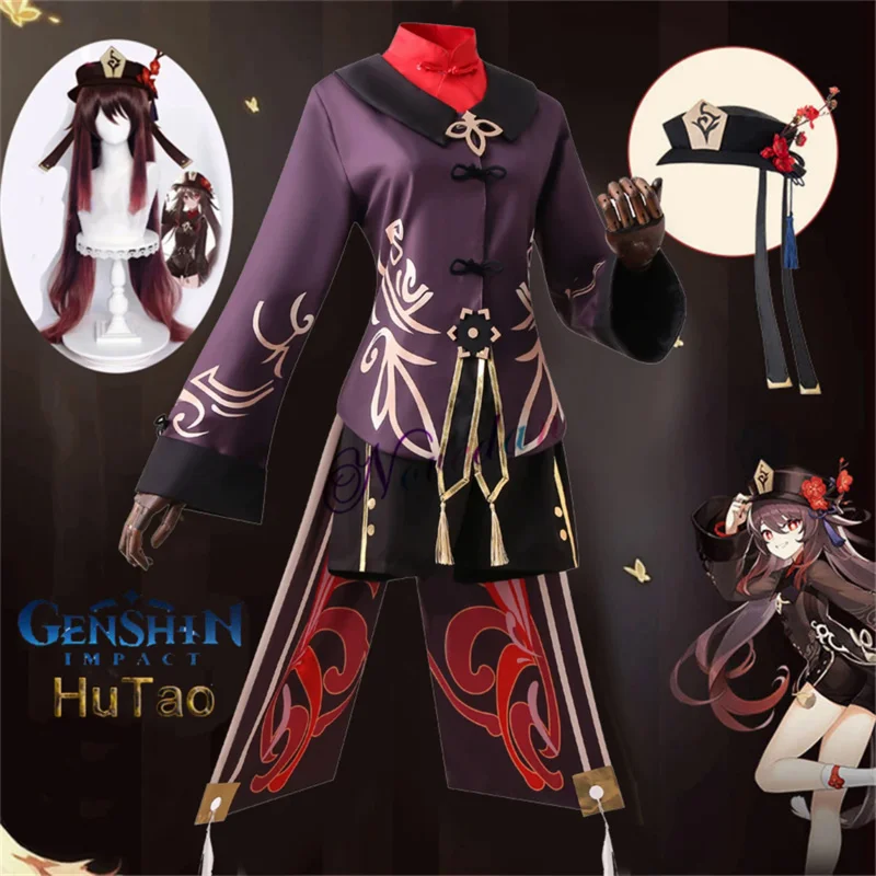 

Genshin Impact Hutao Cosplay Costume Women Uniform Wig Anime Game Hu Tao Chinese Style Halloween Costumes