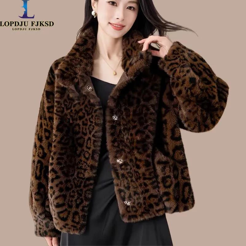 Faux Mink Fur Coat for Women, Single Breasted Jacket,Leopard Print Overcoat,Female Tops, Luxury Designer Clothes New, Winte,2024