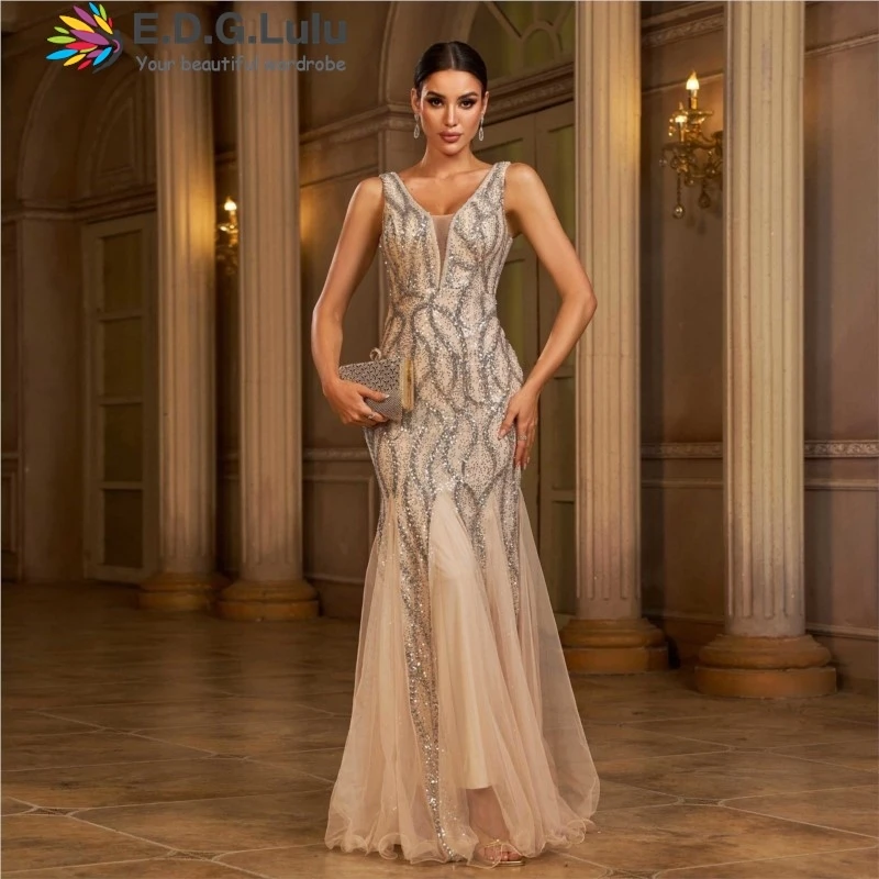 

Элегантное женское вечернее платье EDGLuLu с пайетками, сетчатыми вставками и открытой спиной, роскошное, сексуальное, для дня рождения, модель 0118