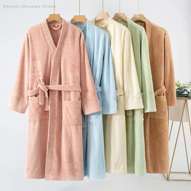 

Autumn Winter Flannel Robe Absorbent Towel Nightgown Women Warm Kimono Gown Long Sleeve Shower Bathrobe Men Pijama Loungewear