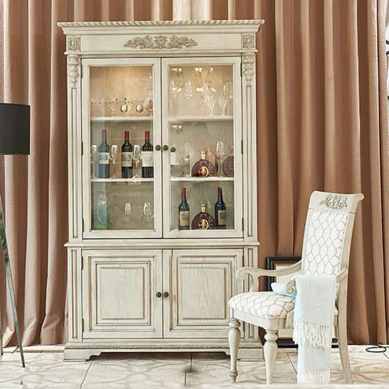 

Solid wood dining side cabinet ash wood restaurant home display storage old carved glass wine cabinet