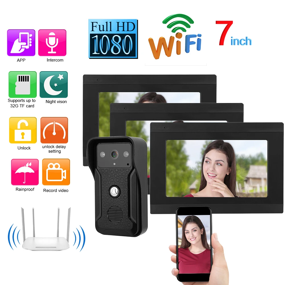 7 pulgadas con cable Wifi 3 monitores 1080P HD Video sistema de Control de puerta timbre portero visión nocturna conexión estable cámara intercomunicador