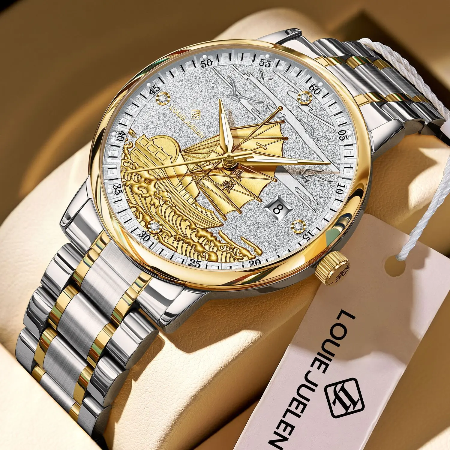 LOUIEJUELEN Men Luxury Golden Embossed Sailboat Dial Quartz Watch Crystal Date Waterproof Steel Band Business Male Birthday