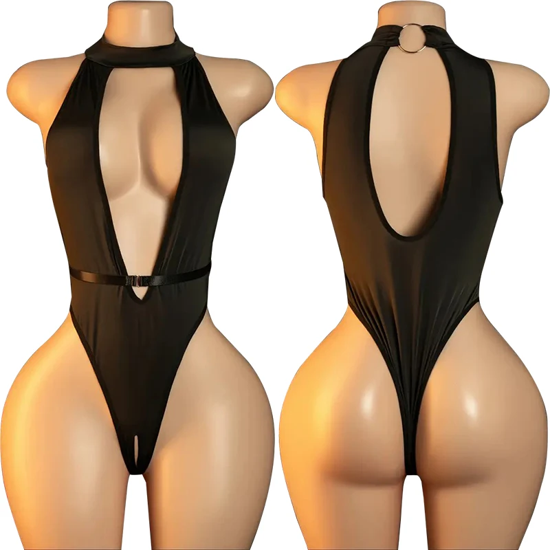  Open Bra Lingerie Women  Costumes Deep V Hollow Bodysuit Hanging Neck Maid Dress Cosplay Uniform Crotchless Underwear