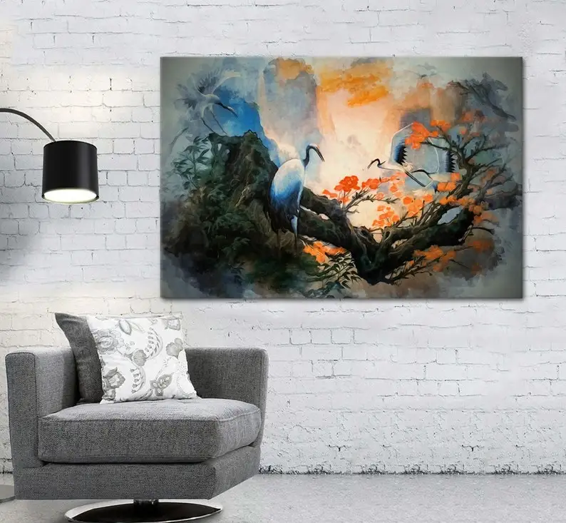 Japanese Landscape Sunset Cranes On The Tree Storks Animals Branch Sketch Asia Bird Design Canvas Wall Art For Livingroom Decor