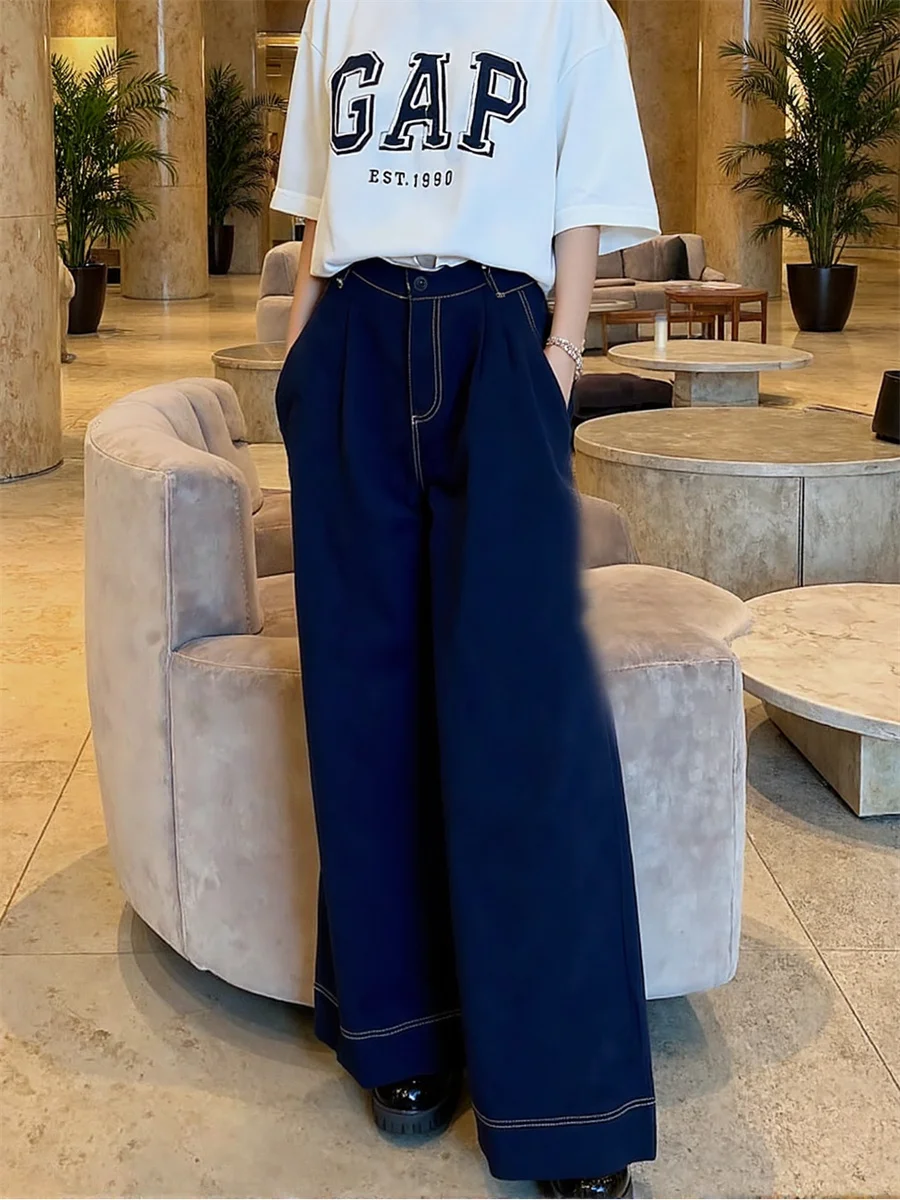 

Мешковатые джинсовые джинсы с широкими штанинами, женские расклешенные джинсы с низкой посадкой, однотонные, базовые, уличные, повседневные, модные, стираные, плиссированные, универсальные