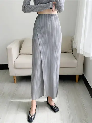 ALSEY Miyake 여성용 플리츠 와이드 레그 발목 길이 바지, 심플한 신축성 허리, 단색 스트레이트 여성 바지, 가을 신상