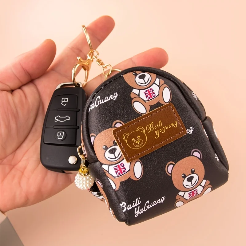 Mini Bear Pattern Coin Purse Women's Cute Faux Leather Zipper Storage Bag For Keys Small Backpack Keychain Pendant