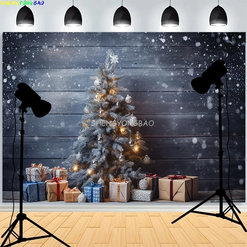 Christmas Tree Gifts Lights Wooden Background Living Room Ornament Snowflake Family Party New Year Photography Backdrops XH-12
